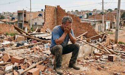 Homem de roupas simples chora diante dos escombros de uma casa de tijolos demolida, com paredes destruídas e entulhos espalhados em bairro popular de Goiânia. - Imagem ilustrativa criada por inteligência artificial