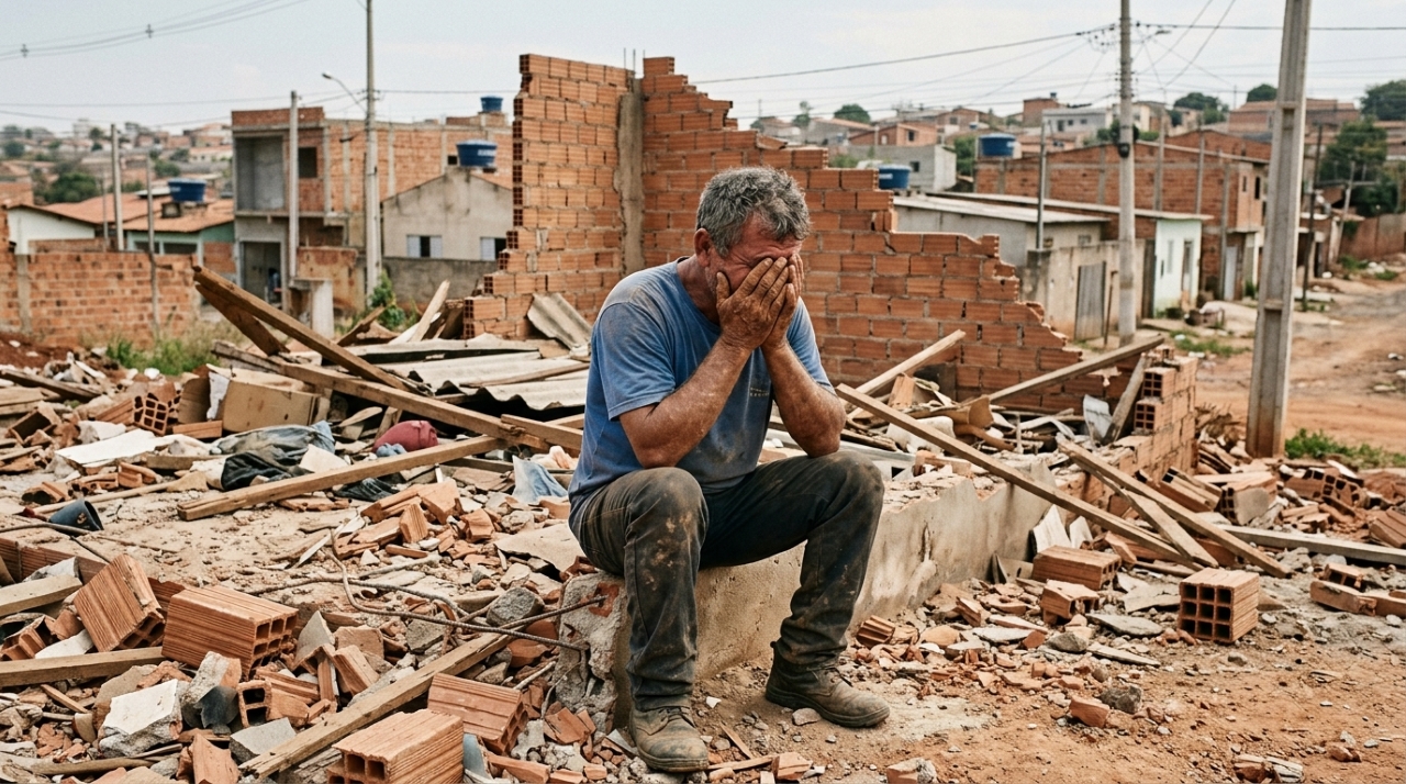 Homem de roupas simples chora diante dos escombros de uma casa de tijolos demolida, com paredes destruídas e entulhos espalhados em bairro popular de Goiânia. - Imagem ilustrativa criada por inteligência artificial