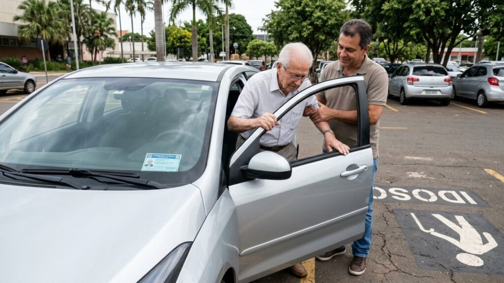 Filho estaciona na vaga de idoso com o pai de 78 anos dentro do carro, mas esquece a credencial em casa e descobre que pode receber multa gravíssima de R$ 293,47, mesmo estando acompanhado do beneficiário