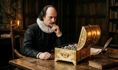 William Shakespeare observa um cofre de ouro brilhante aberto sobre uma mesa de madeira, revelando pedras sem valor em seu interior. - Imagem ilustrativa criada por inteligência artificial