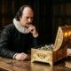William Shakespeare observa um cofre de ouro brilhante aberto sobre uma mesa de madeira, revelando pedras sem valor em seu interior. - Imagem ilustrativa criada por inteligência artificial