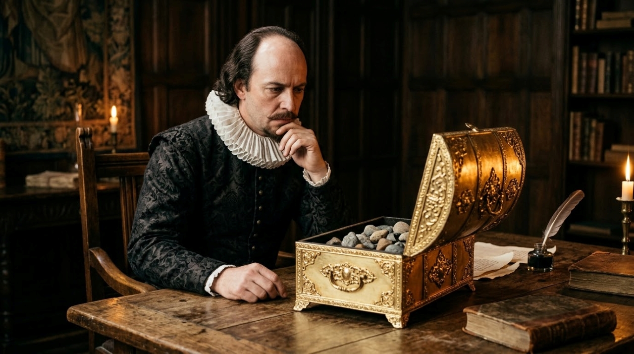 William Shakespeare observa um cofre de ouro brilhante aberto sobre uma mesa de madeira, revelando pedras sem valor em seu interior. - Imagem ilustrativa criada por inteligência artificial