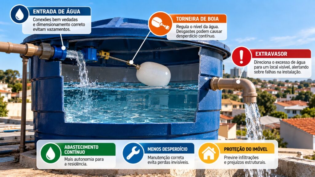 Morador troca a caixa-d’água por um reservatório maior para melhorar o abastecimento da casa e descobre que boias desreguladas, conexões defeituosas e transbordamentos podem desperdiçar água durante horas