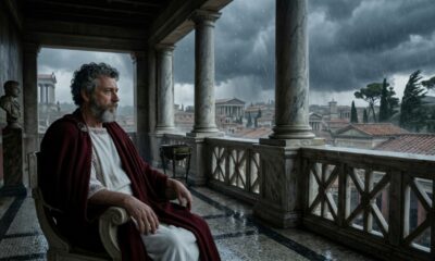 Marco Aurélio sentado tranquilamente em uma varanda de mármore romana, observando uma tempestade intensa sobre a cidade antiga. - Imagem ilustrativa criada por inteligência artificial