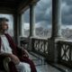 Marco Aurélio sentado tranquilamente em uma varanda de mármore romana, observando uma tempestade intensa sobre a cidade antiga. - Imagem ilustrativa criada por inteligência artificial