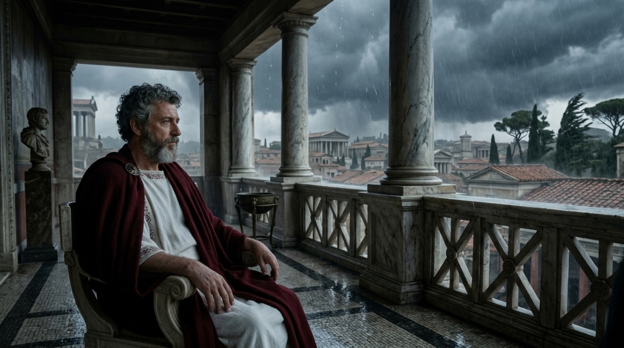 Marco Aurélio sentado tranquilamente em uma varanda de mármore romana, observando uma tempestade intensa sobre a cidade antiga. - Imagem ilustrativa criada por inteligência artificial