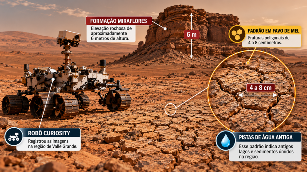 A NASA encontrou em Marte uma formação que parece um gigantesco favo de mel ao redor de uma rocha de 6 metros, e o padrão misterioso pode revelar como a água transformou o planeta há milhões de anos