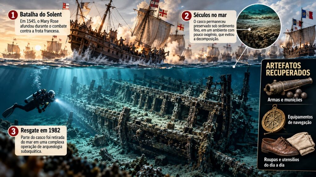 O navio Mary Rose afundou em 1545 diante da costa inglesa e, quando foi recuperado séculos depois, revelou milhares de objetos da vida dos marinheiros Tudor 