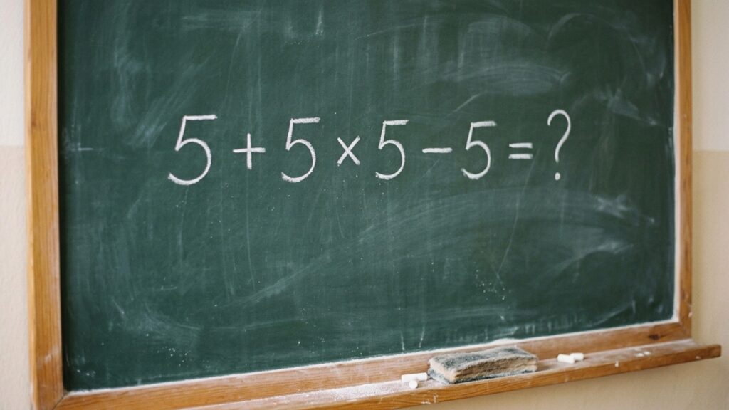 Muitos adultos erram esta conta por causa de um detalhe: 5 + 5 × 5 − 5