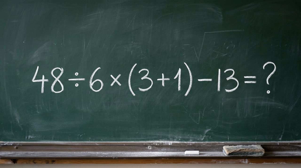 Se você aprendeu divisão e multiplicação no caderno, tente resolver 48 ÷ 6 × (3 + 1) − 13 sem errar a sequência