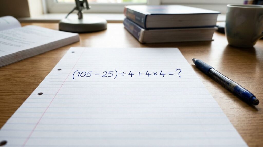 A maioria começa pela parte errada: (105 – 25) ÷ 4 + 4 × 4