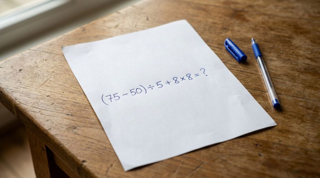 A maioria começa pela parte errada: (75 – 50) ÷ 5 + 8× 8