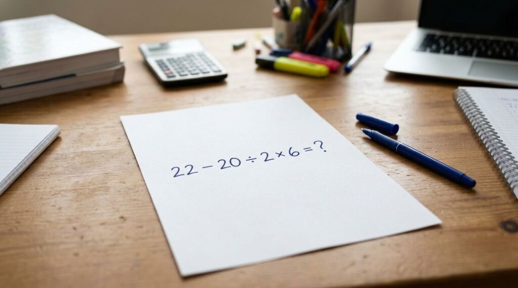 Quem estudou matemática na escola deveria resolver: 22 − 20 ÷ 2 × 6