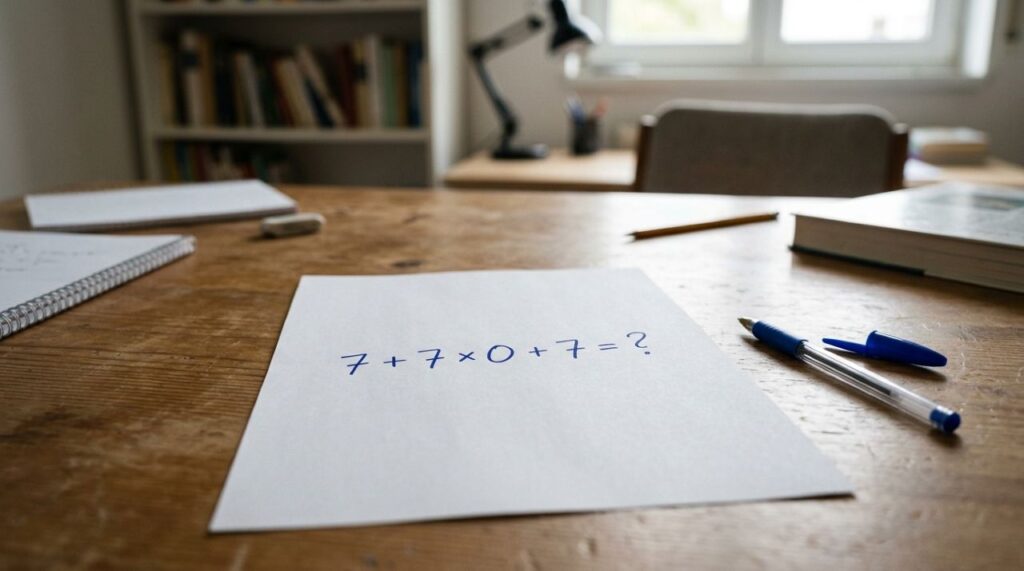 Parece uma conta de criança, mas o zero confunde quem esquece a regra: 7 + 7 × 0 + 7