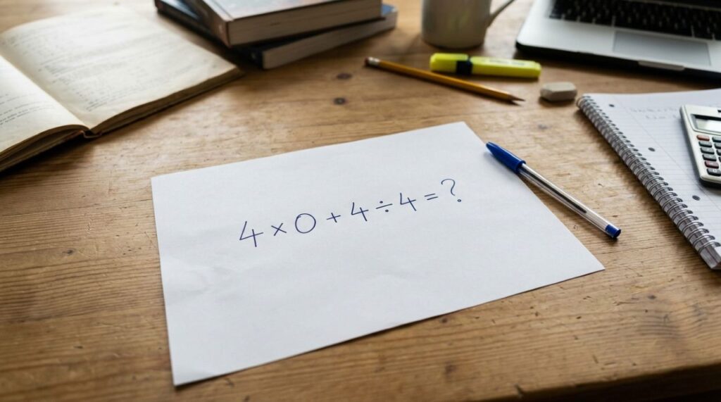Um zero no meio da expressão pode confundir muita gente: 4 × 0 + 4 ÷ 4