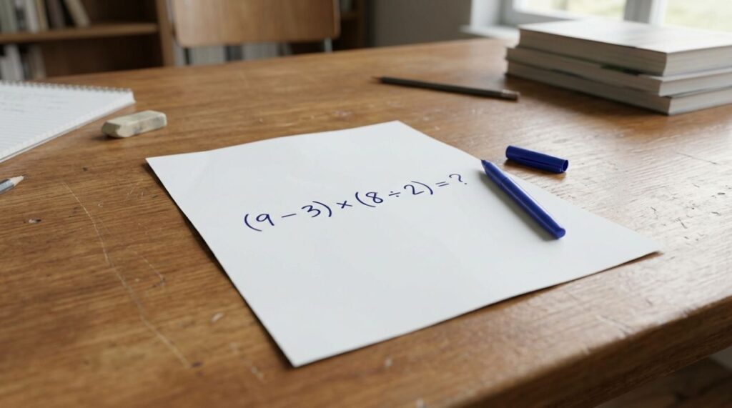 Se você lembra das aulas de matemática, resolva: (9 − 3) × (8 ÷ 2)