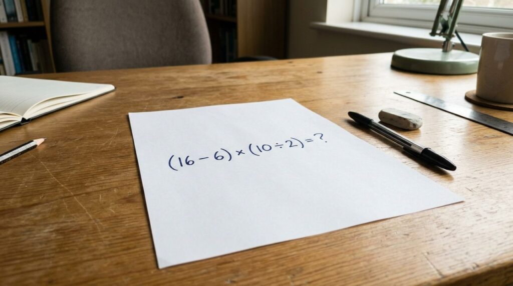 Se você lembra das aulas de matemática, resolva: (16 − 6) × (10 ÷ 2)