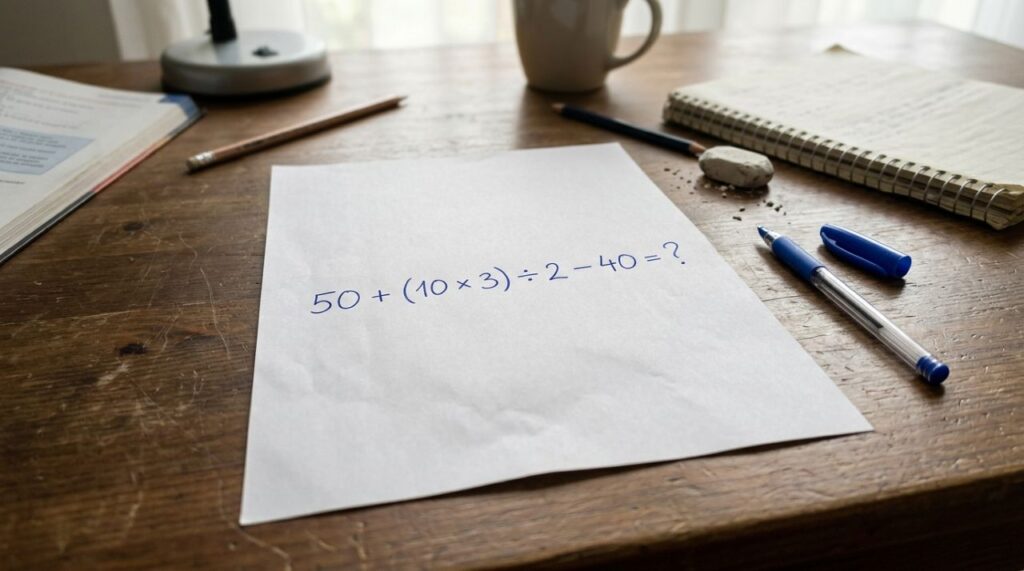 Você consegue resolver 50 + (10 × 3) ÷ 2 − 40 em apenas 9 segundos sem cair na armadilha da conta?