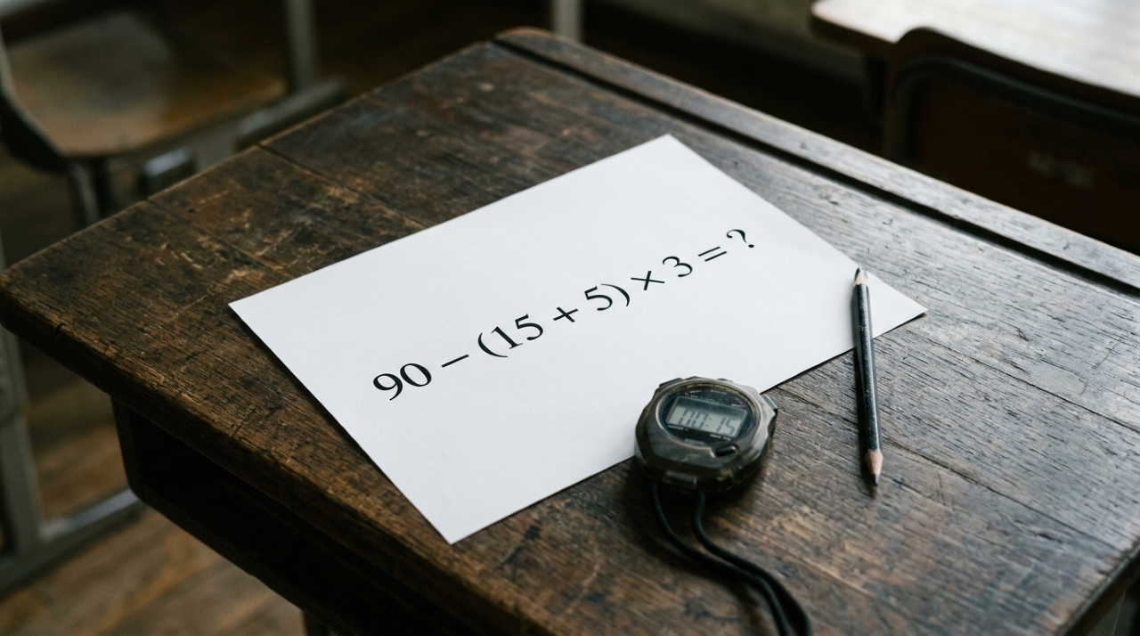 Expressão matemática 90 − (15 + 5) × 3 = ? impressa em folha branca sobre carteira escolar, acompanhada de lápis e cronômetro marcando 15 segundos. - Imagem ilustrativa criada por inteligência artificial