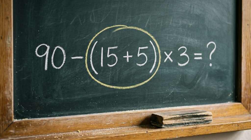Quadro-negro escolar com a expressão 90 − (15 + 5) × 3 = ? escrita em giz branco, destacando os parênteses em amarelo sem revelar a resposta. - Imagem ilustrativa criada por inteligência artificial