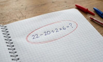 Quem estudou matemática na escola deveria resolver: 22 − 20 ÷ 2 × 6