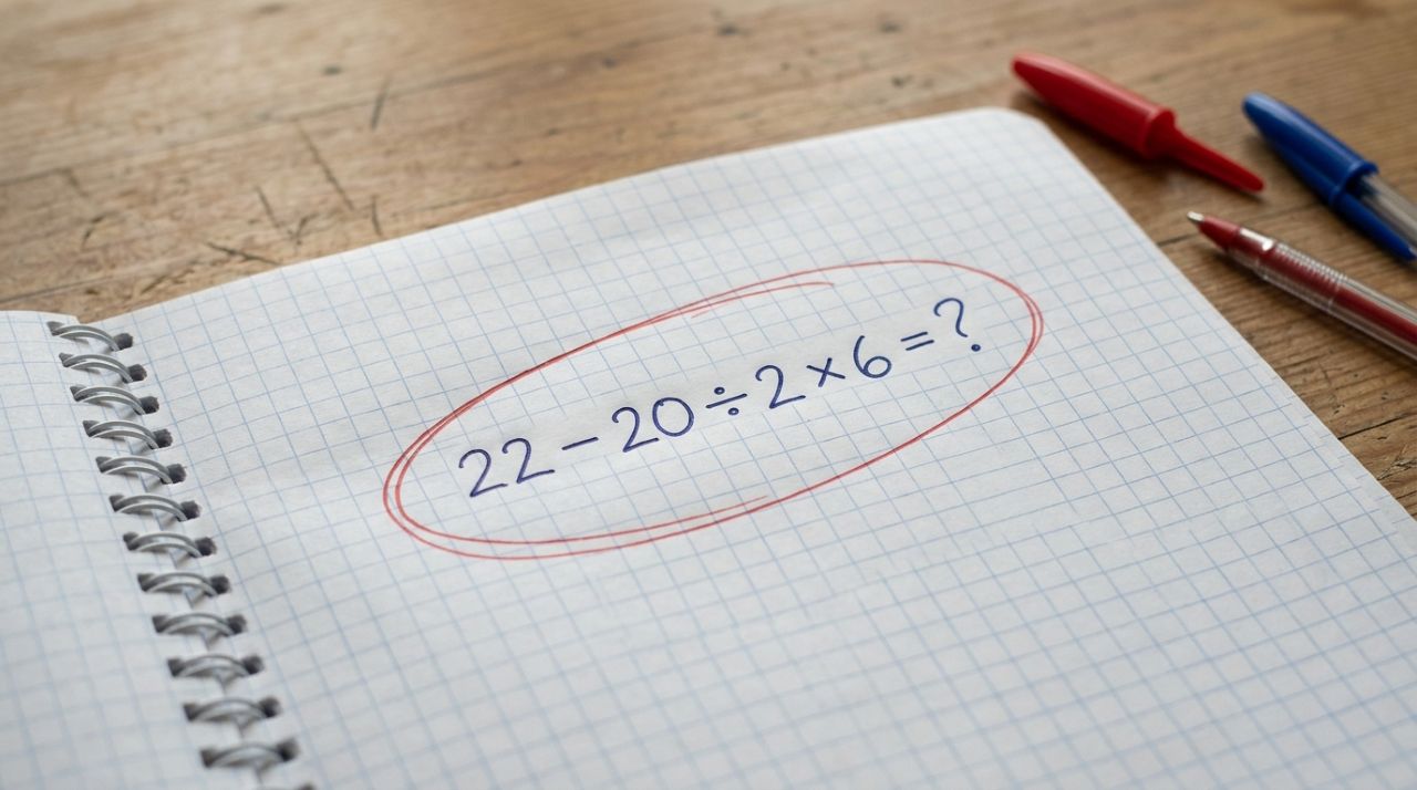 Quem estudou matemática na escola deveria resolver: 22 − 20 ÷ 2 × 6