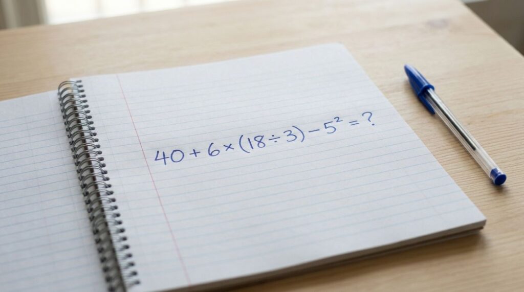 O cálculo 40 + 6 × (18 ÷ 3) − 5² testa três regras aprendidas na escola e desafia quem acredita que consegue resolver qualquer conta de cabeça