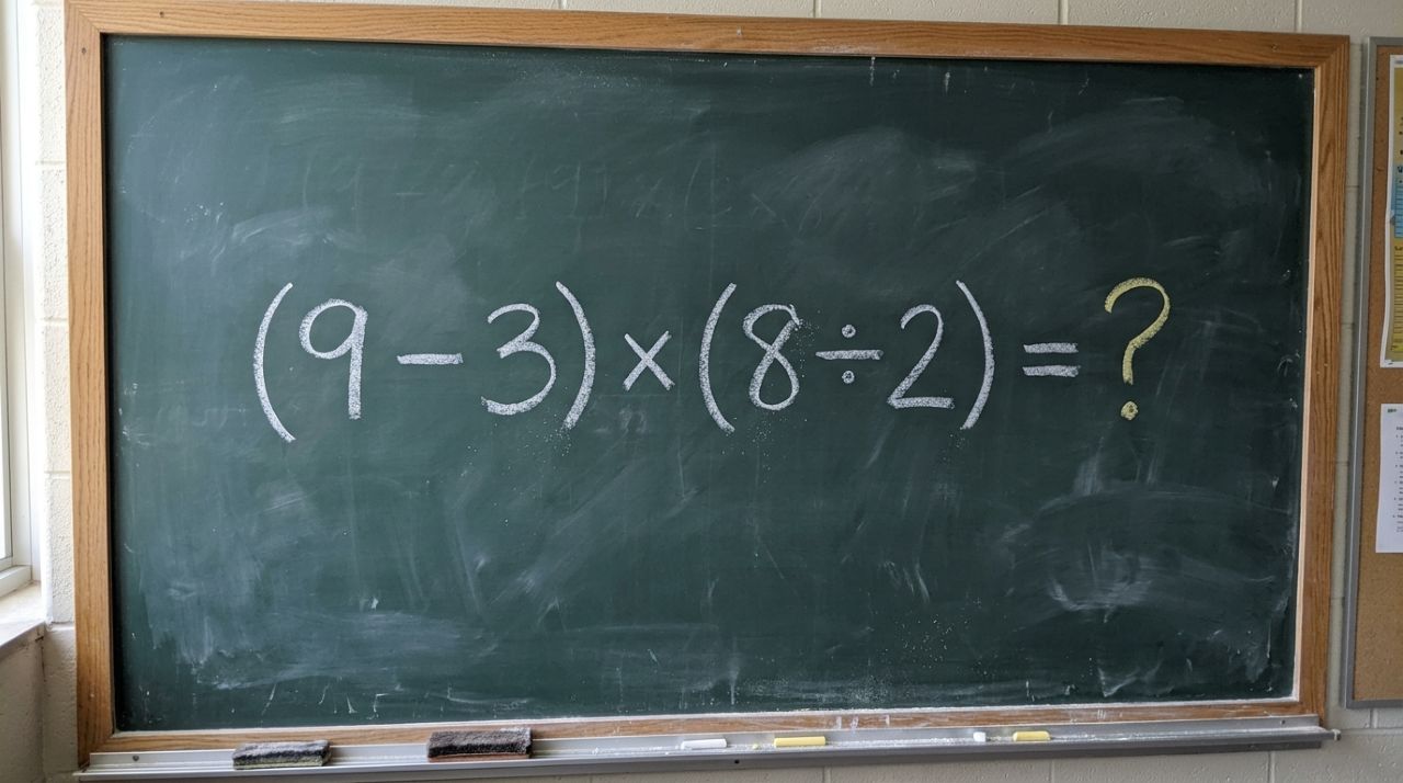 Se você lembra das aulas de matemática, resolva: (9 − 3) × (8 ÷ 2)