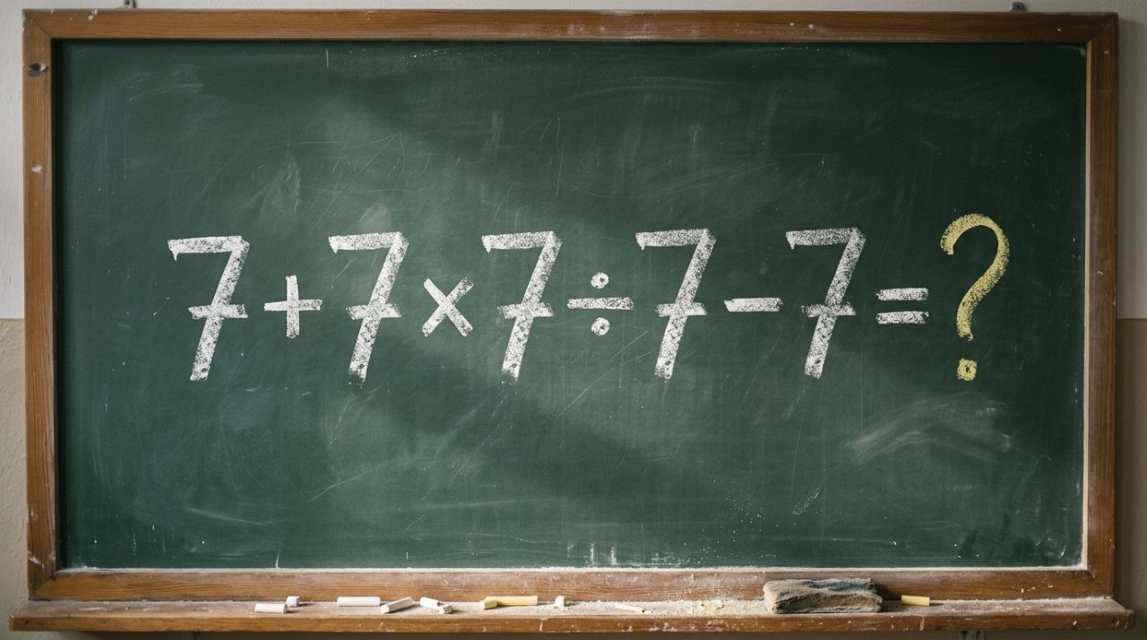 Só aparecem números 7, mas a resposta depende de uma regra que muita gente esquece: 7 + 7 × 7 ÷ 7 − 7