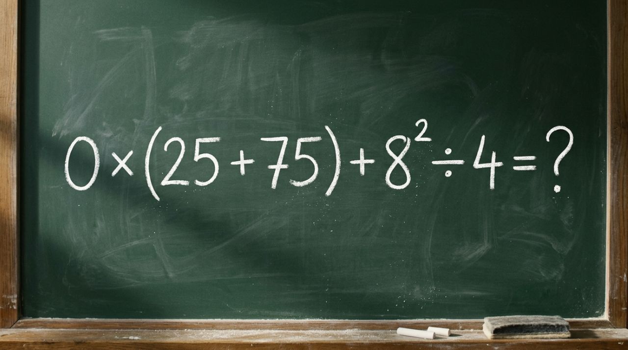 A pegadinha do zero aparece em 0 × (25 + 75) + 8² ÷ 4 e desafia quem responde antes de pensar