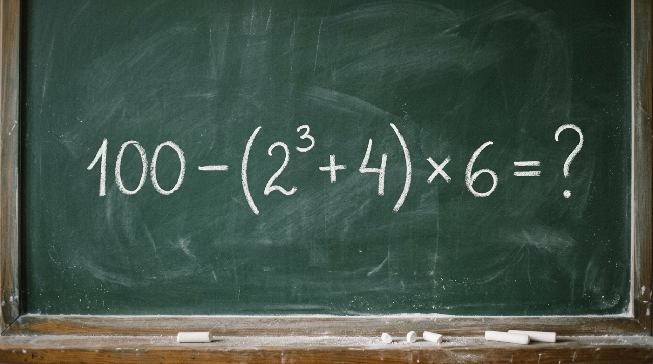 Quadro-negro escolar com a expressão 100 − (2³ + 4) × 6 = ? escrita em giz branco, apresentando um desafio de matemática sem revelar o resultado. - Imagem ilustrativa criada por inteligência artificial
