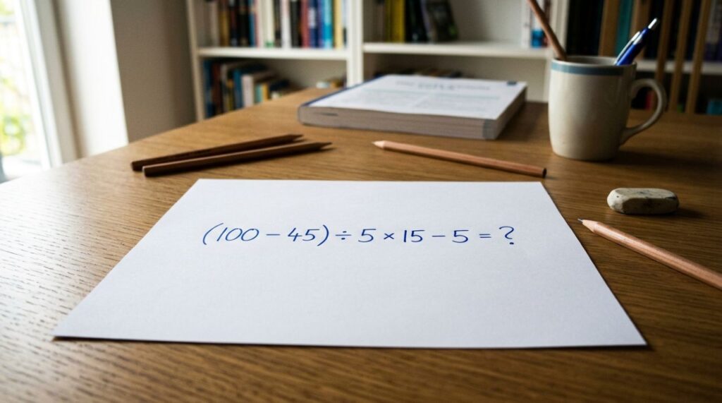 Sem calculadora, prove que ainda lembra da matemática básica: (100 – 45) ÷ 5 × 15 – 5