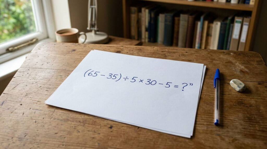 Sem calculadora, prove que ainda lembra da matemática básica: (65 – 35) ÷ 5 × 30 – 5