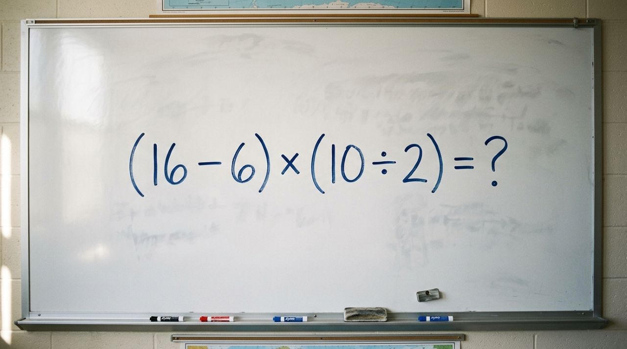 Se você lembra das aulas de matemática, resolva: (16 − 6) × (10 ÷ 2)