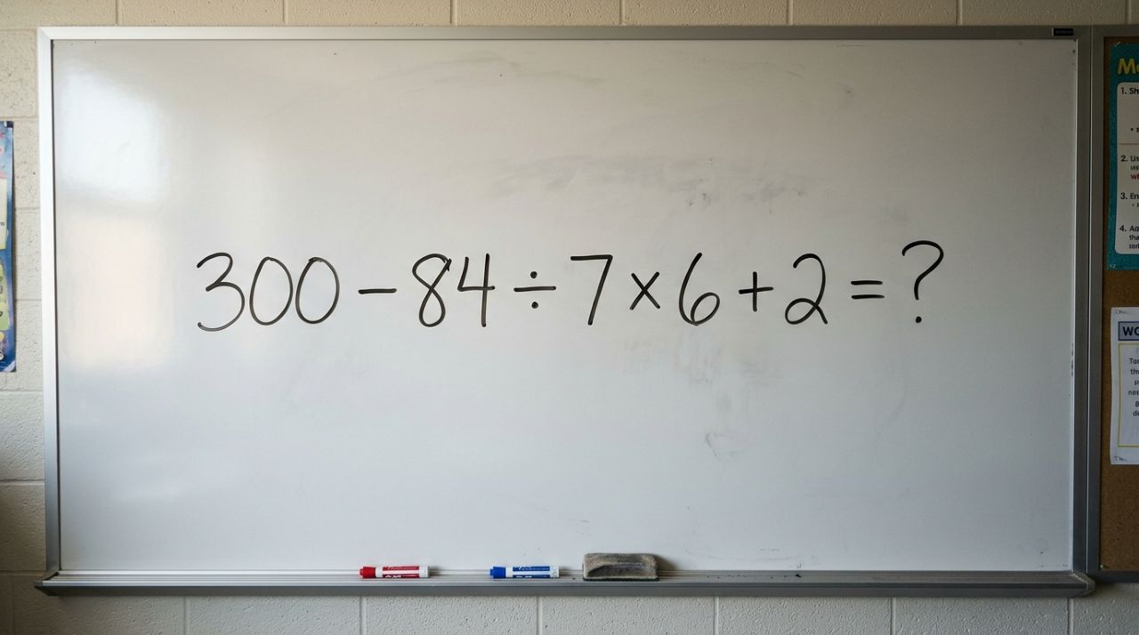 Não precisa de papel nem calculadora para resolver 300 − 84 ÷ 7 × 6 + 2, apenas atenção aos sinais