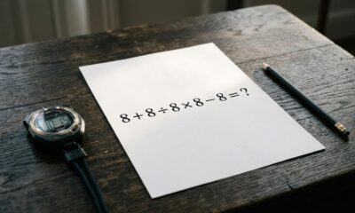 Expressão matemática 8 + 8 ÷ 8 × 8 − 8 = ? impressa em folha branca, acompanhada de lápis e cronômetro marcando 15 segundos. - Imagem ilustrativa criada por inteligência artificial