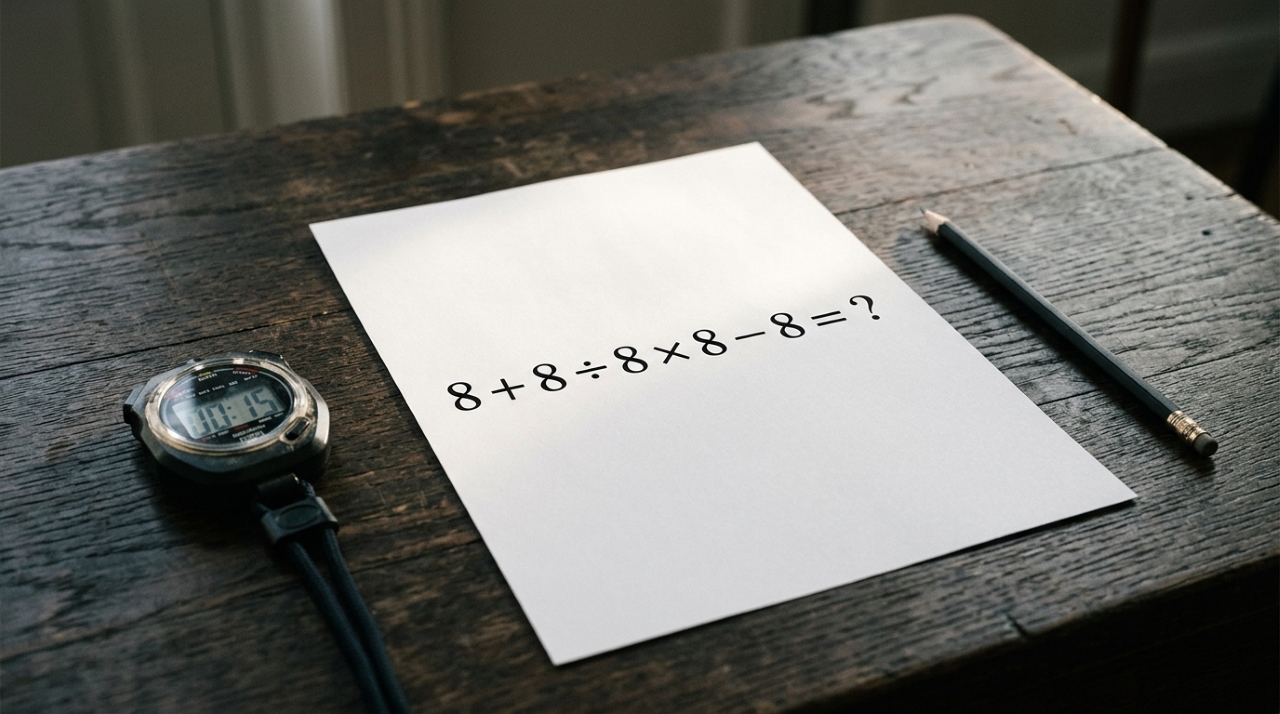 Expressão matemática 8 + 8 ÷ 8 × 8 − 8 = ? impressa em folha branca, acompanhada de lápis e cronômetro marcando 15 segundos. - Imagem ilustrativa criada por inteligência artificial