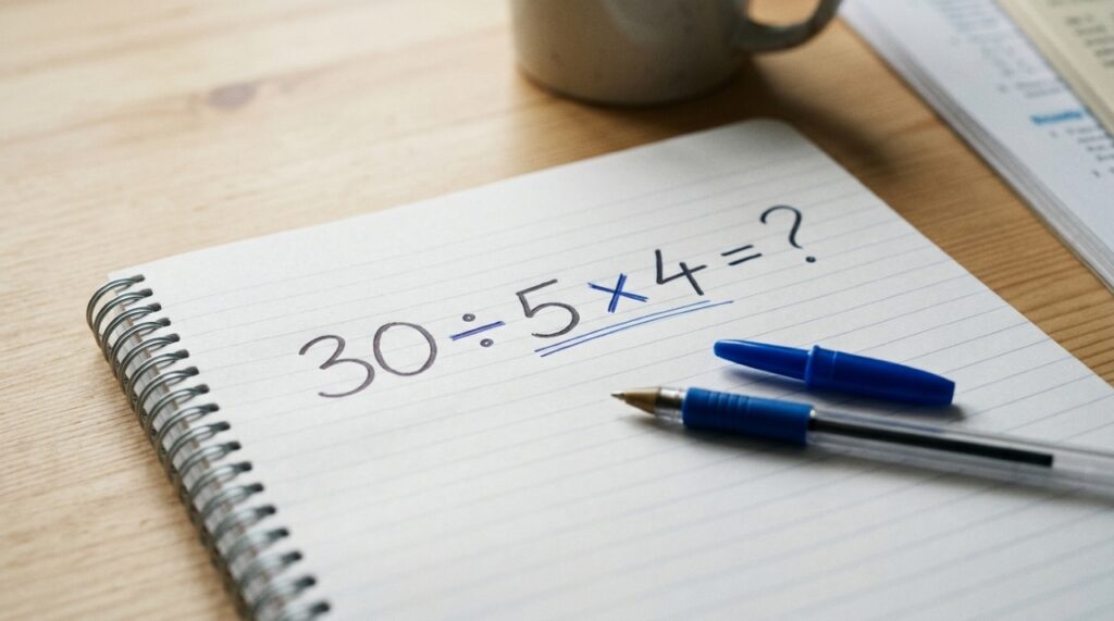 Caderno aberto com a operação 30 ÷ 5 × 4 = ?, destacando os símbolos de divisão e multiplicação sublinhados em azul, sem revelar o resultado. - Imagem ilustrativa criada por inteligência artificial