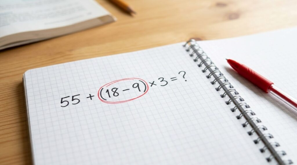 Caderno de matemática com a expressão 55 + (18 − 9) × 3 = ?, destacando em vermelho os parênteses que devem ser resolvidos primeiro, sem revelar a resposta. - Imagem ilustrativa criada por inteligência artificial