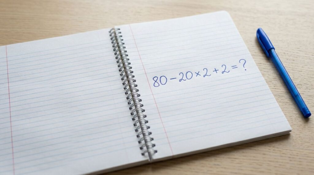 Não precisa de calculadora, apenas lembrar uma regra: 80 − 20 × 2 + 2