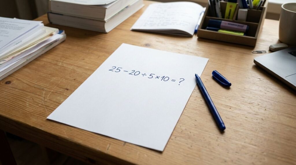 Quem estudou matemática na escola deveria resolver: 25 − 20 ÷ 5 × 10