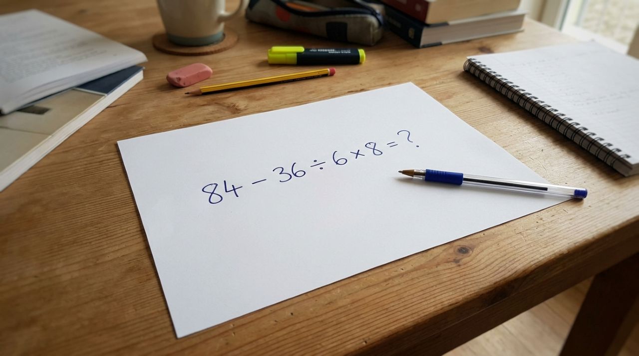 Quem passou pela escola antes dos anos 2000 deveria resolver esta conta sem calculadora: 84 − 36 ÷ 6 × 8