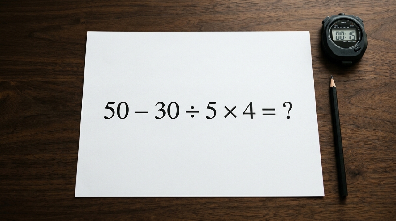Expressão matemática 50 − 30 ÷ 5 × 4 = ? impressa em uma folha branca, ao lado de um lápis e um cronômetro marcando 15 segundos. - Imagem ilustrativa criada por inteligência artificial