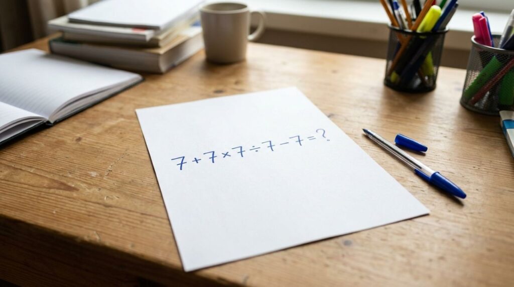 Só aparecem números 7, mas a resposta depende de uma regra que muita gente esquece: 7 + 7 × 7 ÷ 7 − 7