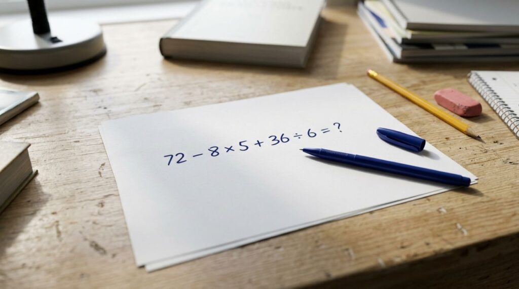 72 − 8 × 5 + 36 ÷ 6 parece uma conta de criança, mas um detalhe aprendido na escola pode mudar completamente o resultado