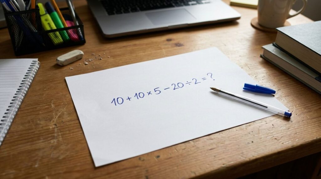 Resolva 10 + 10 × 5 − 20 ÷ 2 sem calculadora: a maioria dos adultos erra no segundo passo porque esquece uma regra aprendida na escola