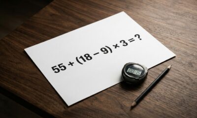 Expressão matemática 55 + (18 − 9) × 3 = ? impressa em folha branca, acompanhada de cronômetro marcando 15 segundos e lápis preto. - Imagem ilustrativa criada por inteligência artificial