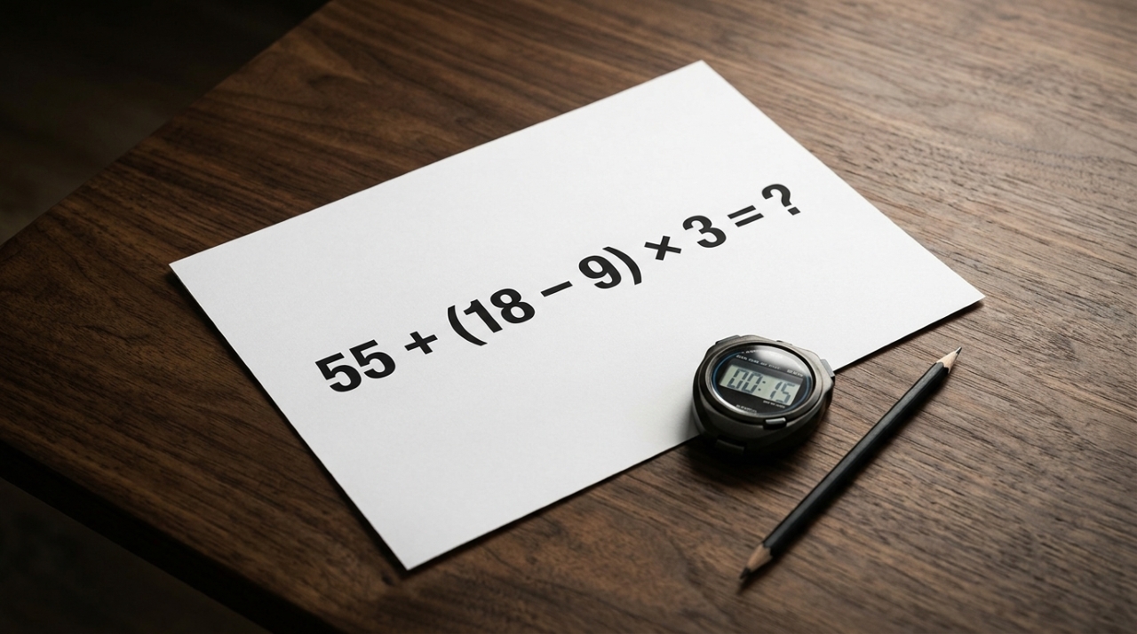 Expressão matemática 55 + (18 − 9) × 3 = ? impressa em folha branca, acompanhada de cronômetro marcando 15 segundos e lápis preto. - Imagem ilustrativa criada por inteligência artificial