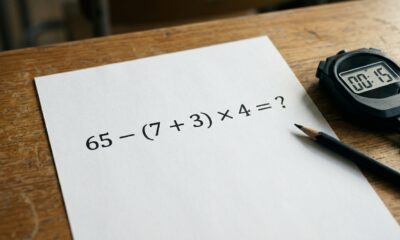 Expressão matemática 65 − (7 + 3) × 4 = ? impressa em folha branca sobre carteira escolar, acompanhada de lápis e cronômetro de 15 segundos. - Imagem ilustrativa criada por inteligência artificial