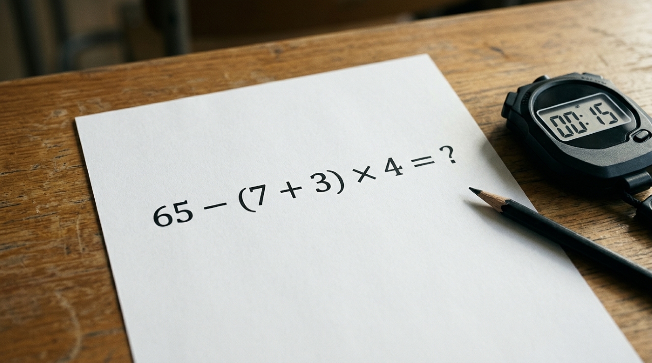 Expressão matemática 65 − (7 + 3) × 4 = ? impressa em folha branca sobre carteira escolar, acompanhada de lápis e cronômetro de 15 segundos. - Imagem ilustrativa criada por inteligência artificial